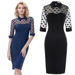 Belle Poque Navy Retro 1950s Pencil Dress Polka Dot Sheath Wiggle Sz S NWT